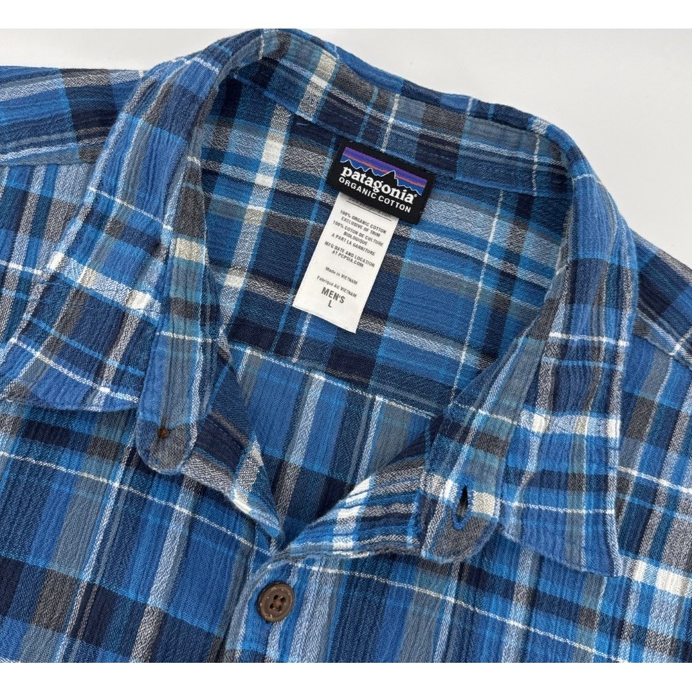 Patagonia Organic Cotton Shirt Men L Blue Plaid Short Sleeve Outdoor Hiking